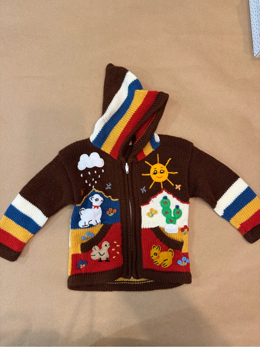 Wool toddler Brown Hooded Jacket with animal and rainbow accents